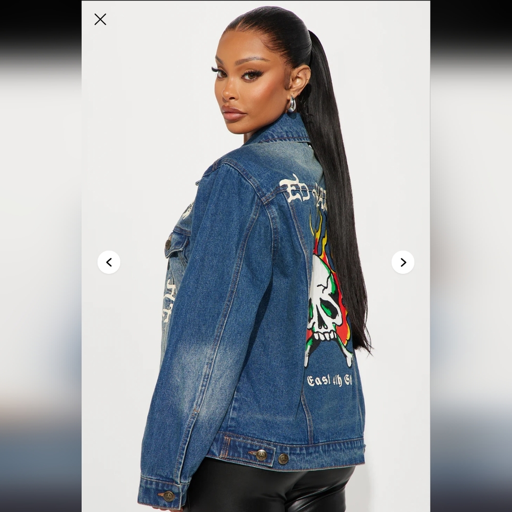 New Ed Hardy Big Flame Skull Denim Jacket Women’s Large Jean Jacket NWT